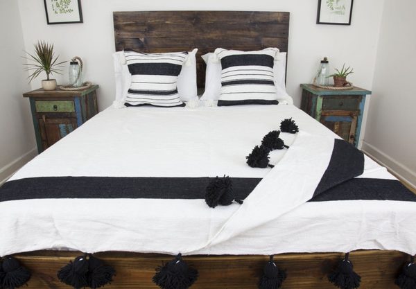 Handwoven Black and White Moroccan Pom Pom Blanket