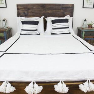 Handmade White Fuzzy Moroccan Pom Pom Blanket - Stylish and Versatile Home Accent