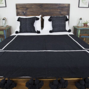 Handwoven Moroccan Pom Pom Blanket - Handmade Wool & Cotton