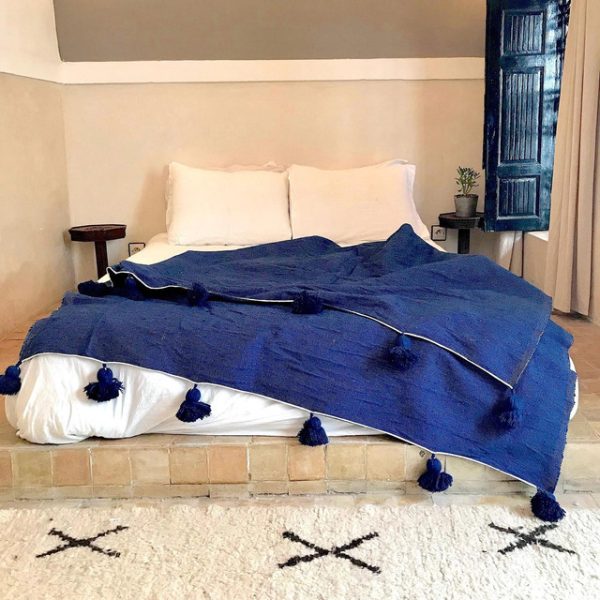 Blue Pom Pom Moroccan Cotton Blanket - Handcrafted Elegance for Any Space