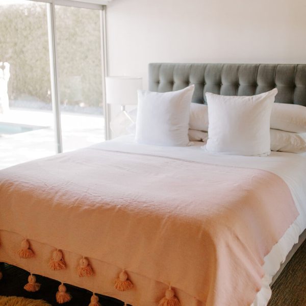 Handmade Moroccan Pom Pom Baby Pink Wool Blanket