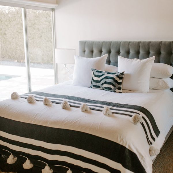 Moroccan Pom Pom Stripe Blanket - Handcrafted Black & White Luxury Blanket