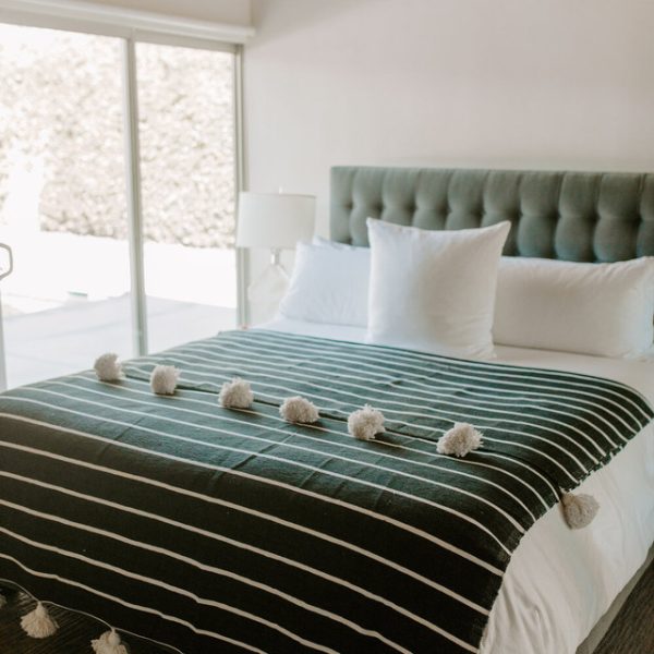 Handcrafted Green & White Striped Moroccan Pom Pom Blanket