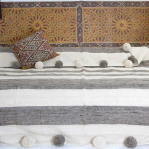 Handcrafted Grey and Beige Moroccan Pom Pom Wool Blanket