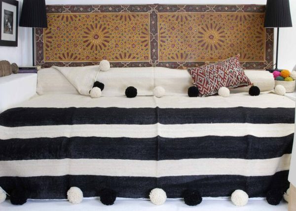 Handwoven Moroccan Pom Pom Blanket - Black and Ivory Striped