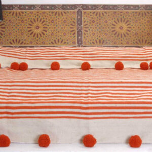 Moroccan Pom Pom Wool Blanket - Handmade Orange & White Striped Design
