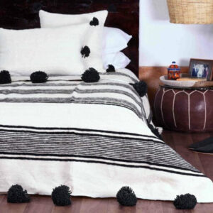 Handmade Moroccan Striped Pom Pom Wool Blanket