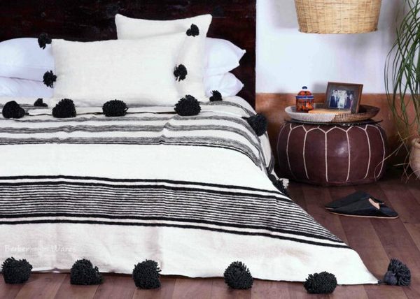 Handmade Moroccan Striped Pom Pom Wool Blanket