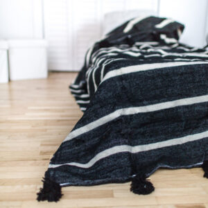 "Black Striped Moroccan Pom Pom Wool Blanket - Handmade Luxury"