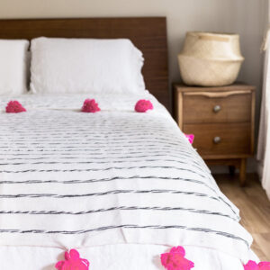 Moroccan Pom Pom Blanket with Pink Accents - Handcrafted Wool Blanket from Morocco