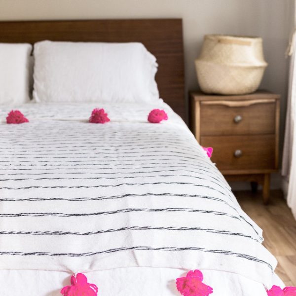 Moroccan Pom Pom Blanket with Pink Accents - Handcrafted Wool Blanket from Morocco