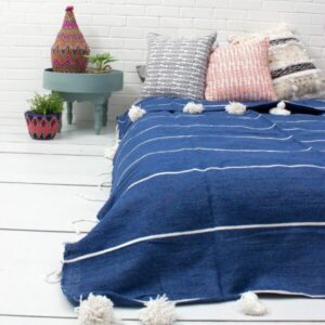 Moroccan Pom Pom Wool Blanket - Handwoven Grey Blanket