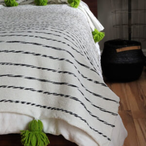 Handmade Moroccan Striped Wool Blanket with Green Pom Poms