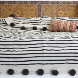 Handwoven Moroccan Pom Pom Blanket with Red Details