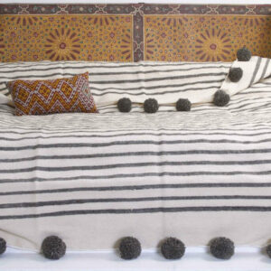 Moroccan Wool Pom Pom Blanket - Handmade 100% Wool with Red Pom Poms