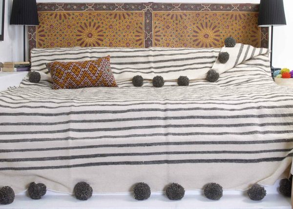 Moroccan Wool Pom Pom Blanket - Handmade 100% Wool with Red Pom Poms