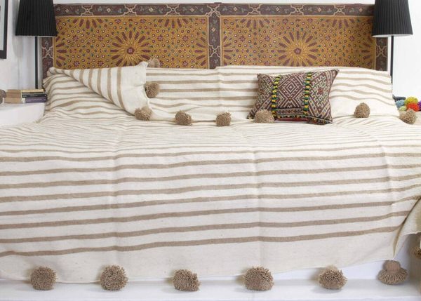 Moroccan Pom Pom Blanket 153 - Handcrafted Wool Throw