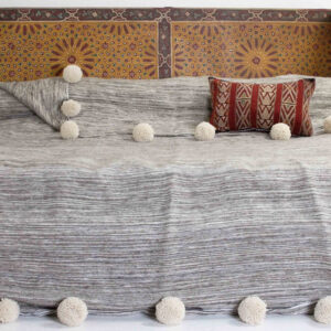 Luxurious Grey Pom Pom Moroccan Blanket - Handcrafted 100% Cotton Blanket with Elegant Pom Pom Design