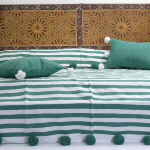 Moroccan Pom Pom Blanket with Green and White Stripes