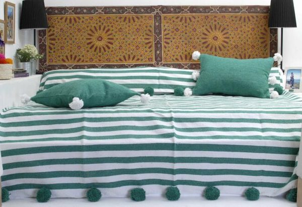 Moroccan Pom Pom Blanket with Green and White Stripes