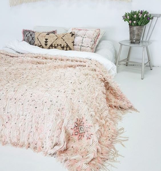 Pink Moroccan Wedding Blanket - Handcrafted Wool Bohemian Throw