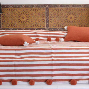 Moroccan Pom Pom Blanket - Hand-Crafted Wool with Orange Pom Poms
