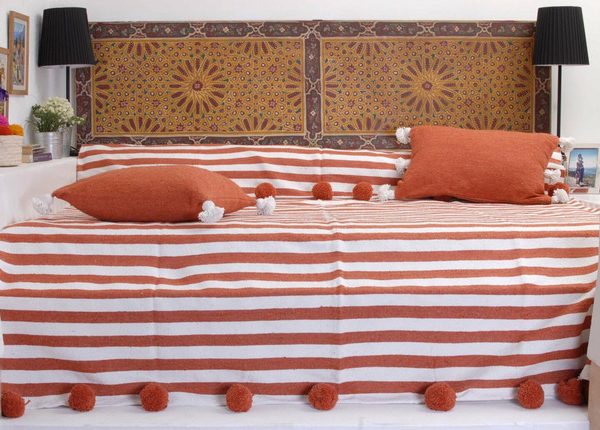Moroccan Pom Pom Wool Blanket with Orange Stripes
