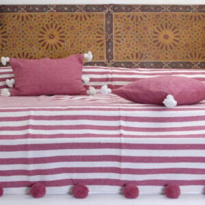Moroccan Pom Pom White & Pink Striped Cotton Blanket