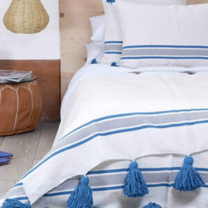 Elegant White Moroccan Pom Pom Blanket | Handwoven Cotton