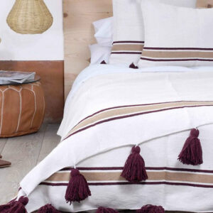 Handmade White Moroccan Pom Pom Blanket with Wine Poms