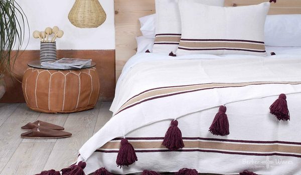 Handmade White Moroccan Pom Pom Blanket with Wine Poms