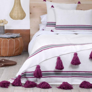 Handwoven Moroccan Pom Pom Cotton Blanket - White/Purple