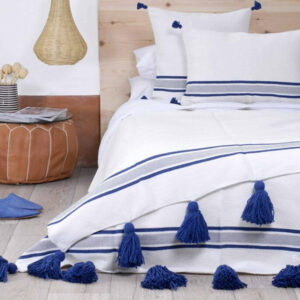 White Moroccan Pom Pom Cotton Blanket with Blue Poms | Handwoven Luxury Décor