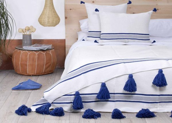 White Moroccan Pom Pom Cotton Blanket with Blue Poms | Handwoven Luxury Décor