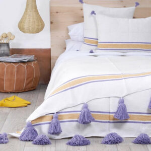 Luxurious White Moroccan Pom Pom Blanket - Handcrafted Wool with Violet Pom Poms
