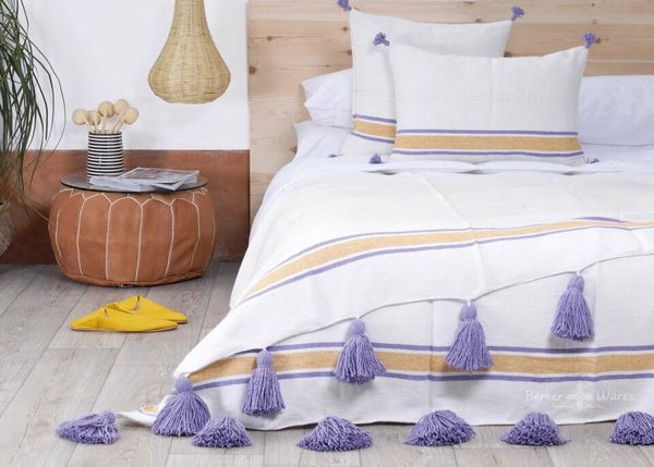 Luxurious White Moroccan Pom Pom Blanket - Handcrafted Wool with Violet Pom Poms