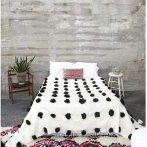 Handwoven Moroccan Wool Blanket with Black Pom Poms