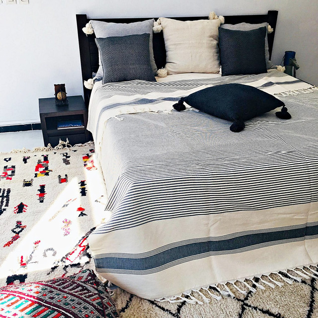 Blue and White Striped Moroccan Wool Blanket with White Fringe