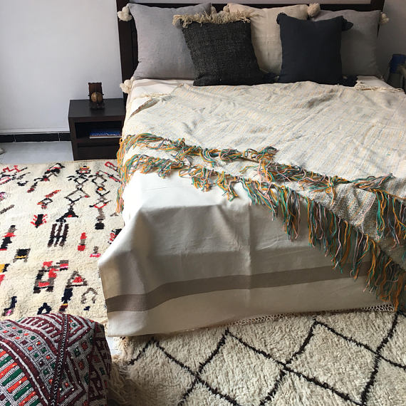 Hand-Woven Cotton Moroccan Blanket with Colored Fringe