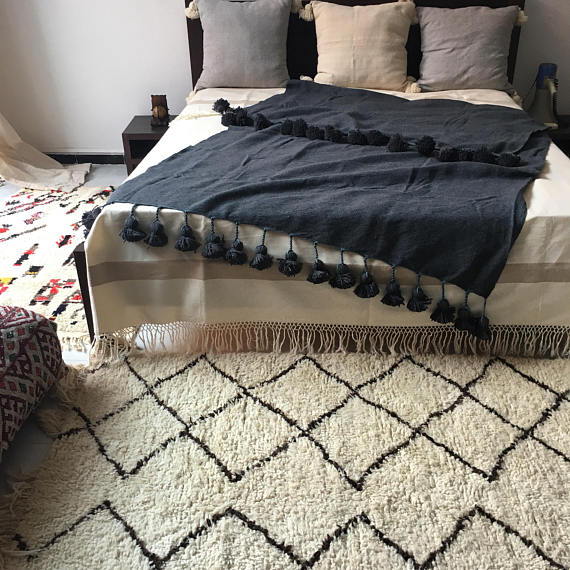 Black Moroccan Pom Pom Wool Blanket - Hand-woven 100% Wool