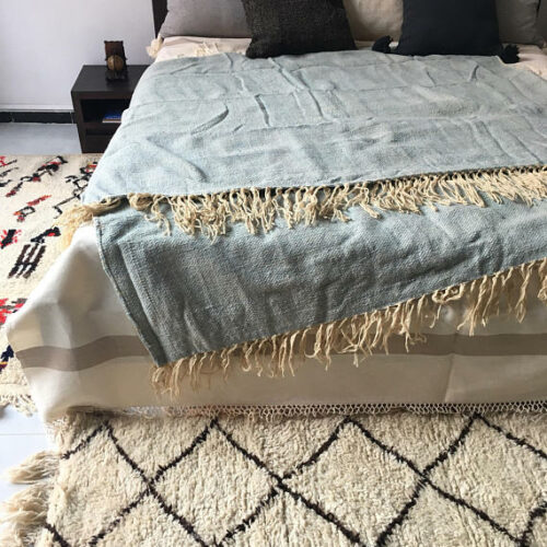 Handcrafted Light Blue Moroccan Cotton Blanket with Elegant Beige Fringe