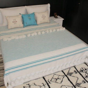 Light Blue Moroccan Pom Pom Blanket - Handwoven Cotton Blanket