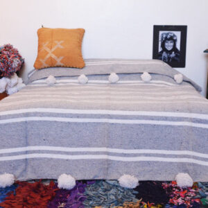 Luxurious Cotton Moroccan Pom Pom Blanket - White/Grey Striped