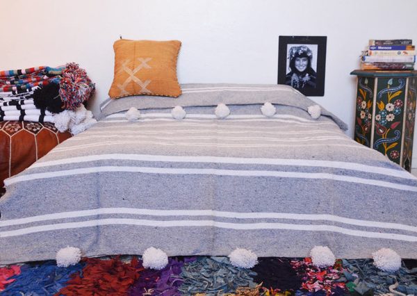 Luxurious Cotton Moroccan Pom Pom Blanket - White/Grey Striped