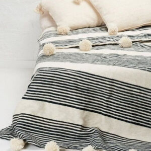 Moroccan Pom Pom Blanket with Off-White Poms & 100% Wool