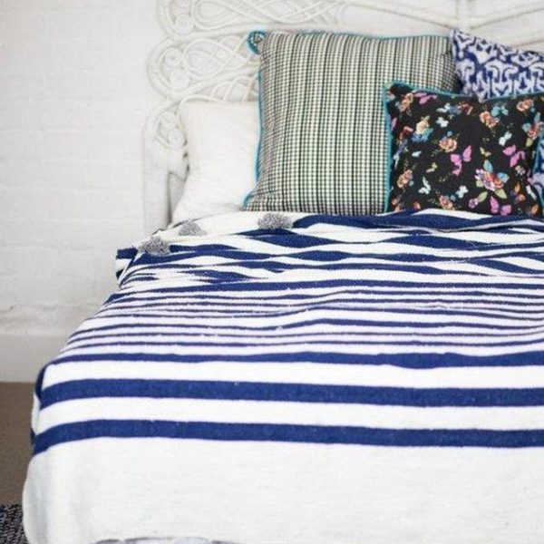 Blue Striped Moroccan Pom Pom Blanket - Handcrafted Wool Blanket