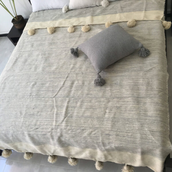 Moroccan Pom Pom Blanket with Beige Pom Poms - Handmade 100% Cotton Blanket