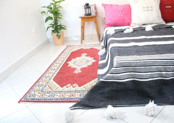 Moroccan Cotton Pom Pom Blanket with Multis Stripes