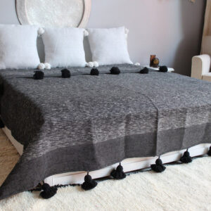 Luxurious Faded Grey Pom Pom Moroccan Blanket