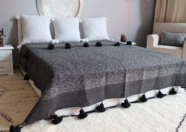 Luxurious Faded Grey Pom Pom Moroccan Blanket